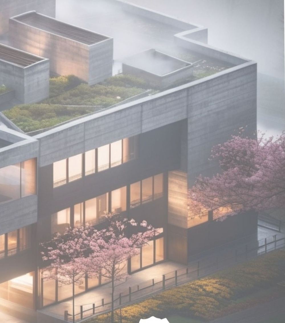 Mixed-use commercial development with planted roof terraces and a warmly lit glazed ground floor