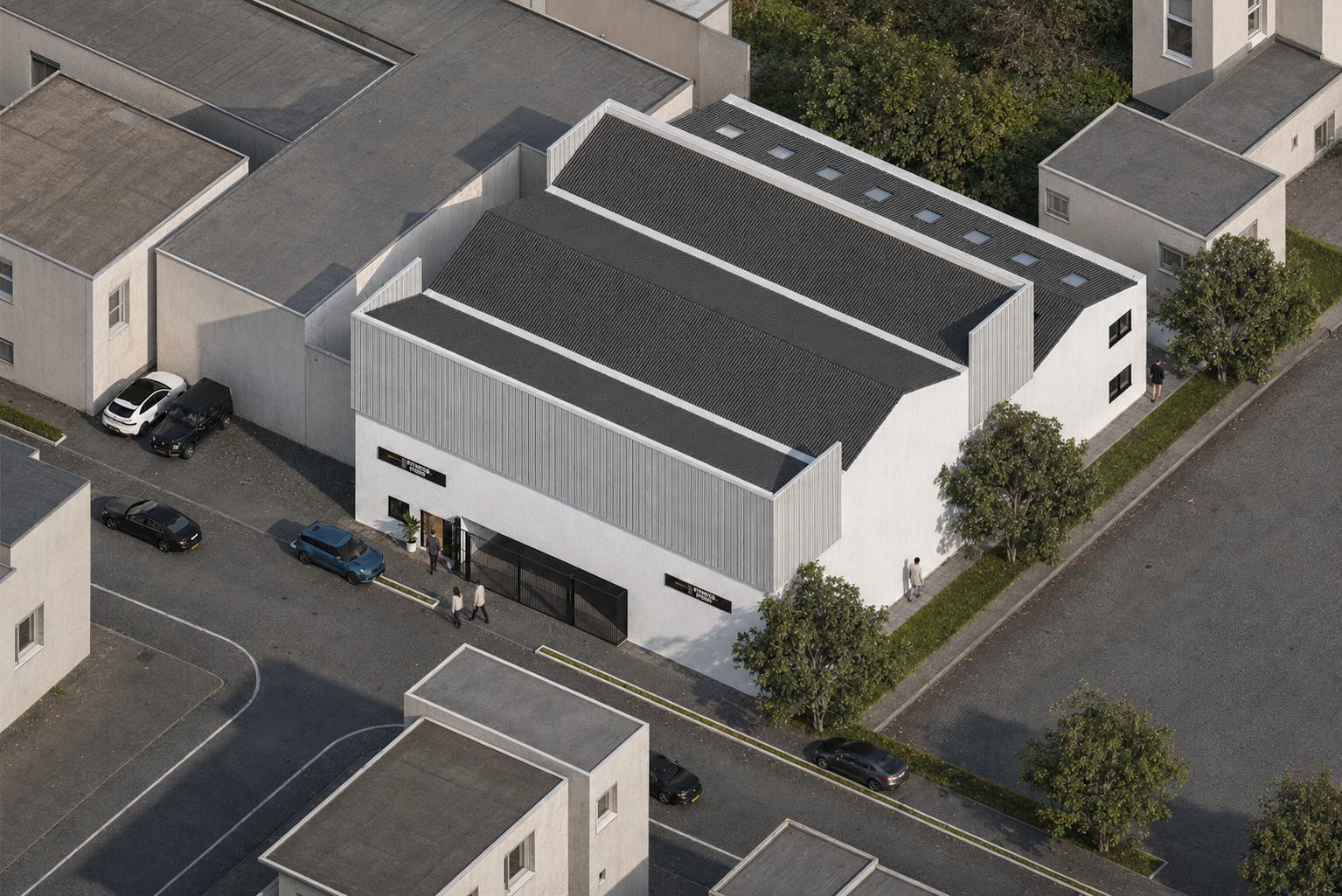 Aerial visualisation of an approved three-storey commercial extension