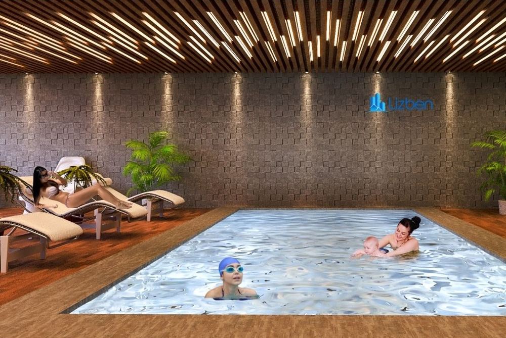 Basement pool hall with a slatted timber ceiling and planted surround
