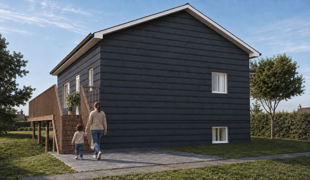 Meota Walkout Basement — The side elevation and the stair up to the deck