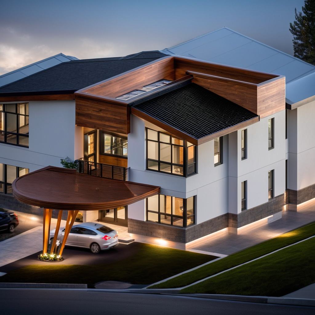 Contemporary six-bedroom duplex at dusk with a curved timber entrance canopy