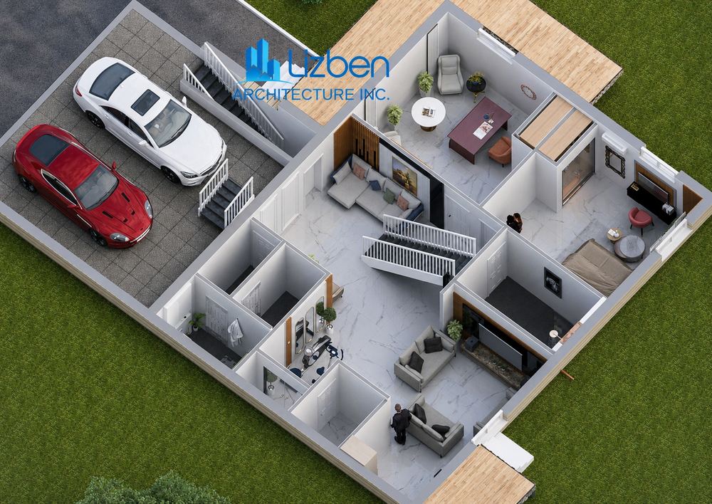 Visualisation of a house with a developed walkout basement level
