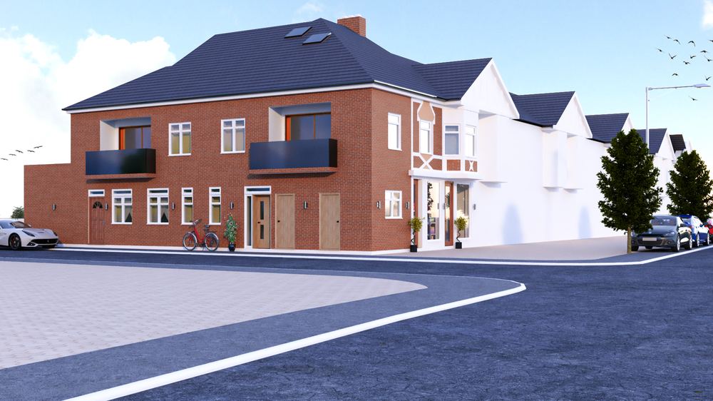 Visualisation of the redeveloped corner building with enlarged shopfront and flats above